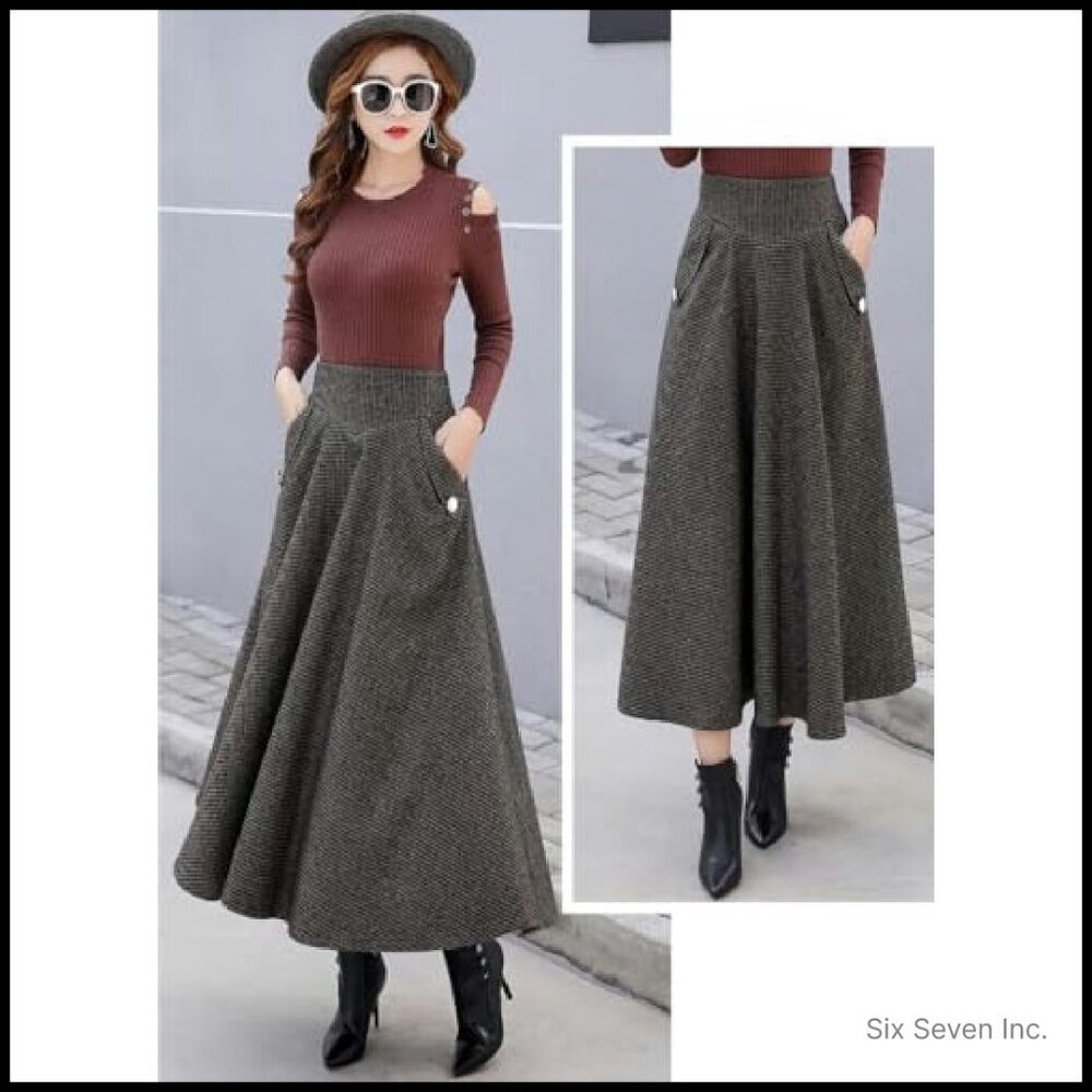 Wool Plaid Mini Skirt High Waisted Bodycon Pencil Skirt Elegant Chic - Picture 5 of 7